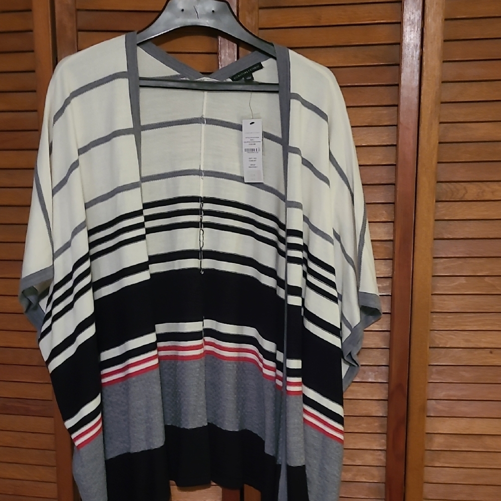 Chic Striped Poncho - Black, Gray, Red